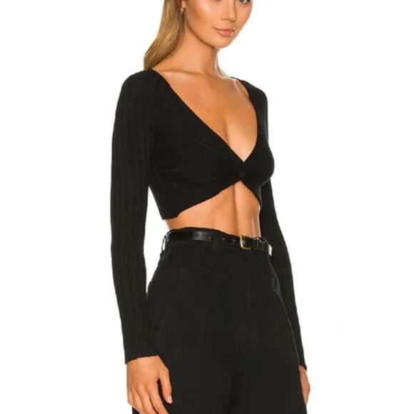 superdown black ribbed knot front cropped sweater - Picture 2 of 4